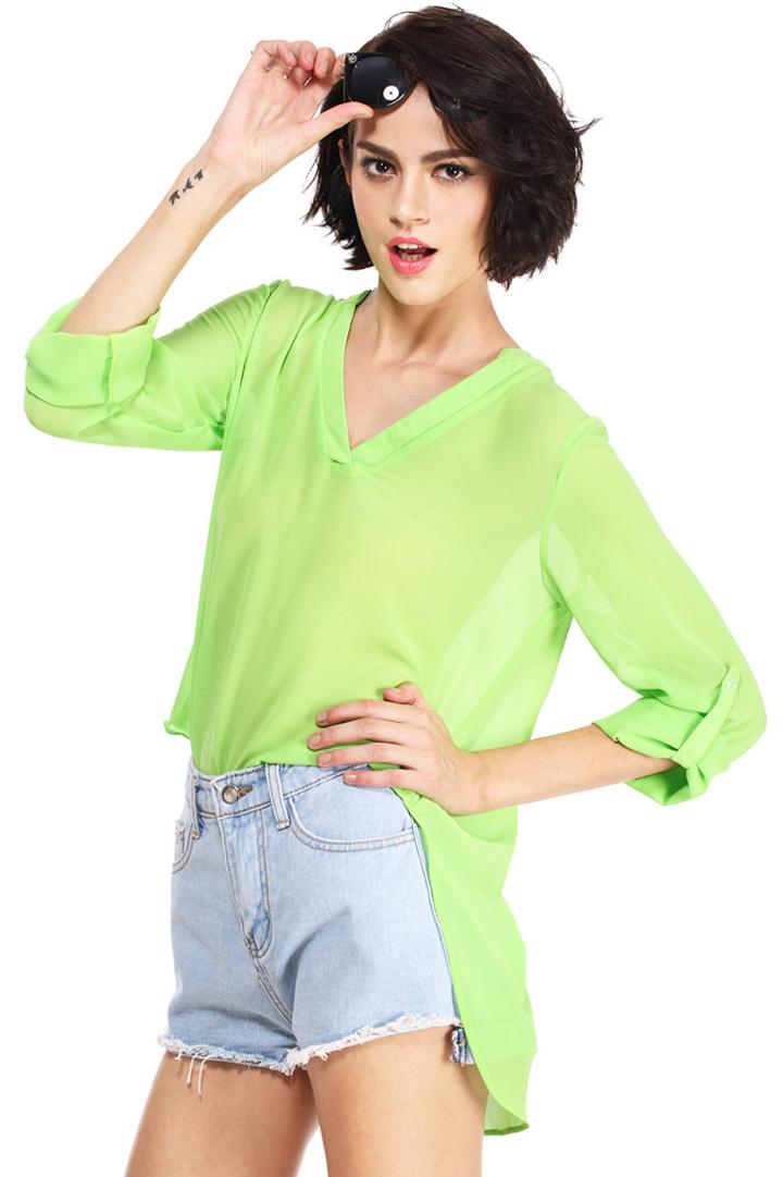 Romwe Romwe V-neck Arc Hem Green Chiffon Blouse