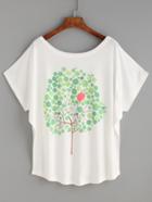 Romwe White Tree Print Dolman Sleeve T-shirt