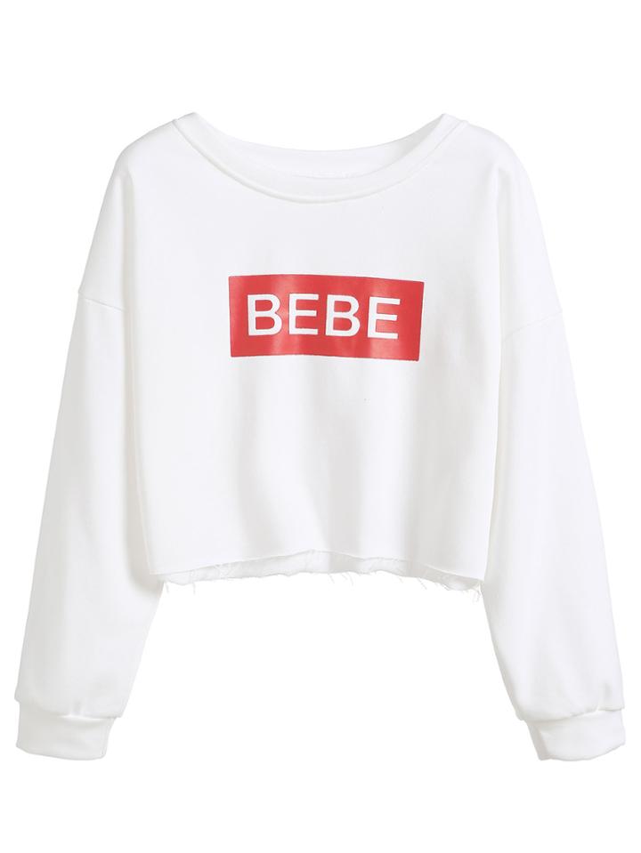Romwe White Letter Print Dropped Shoulder Seam Crop Sweatshirt