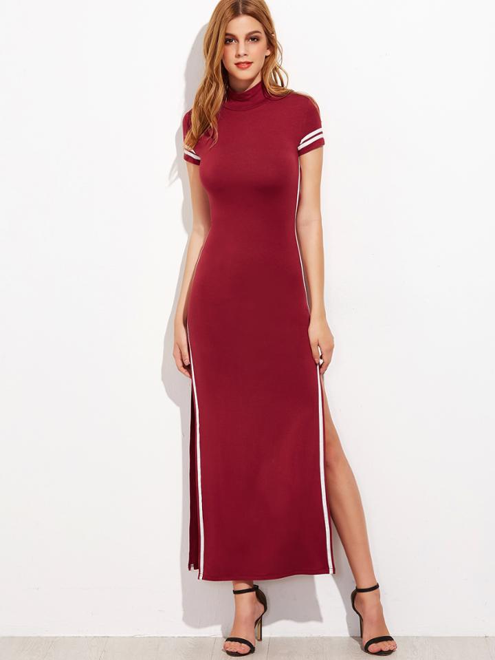 Romwe Striped Trim Cut Out Back High Split Maxi Dress