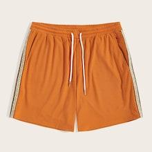 Romwe Guys Drawstring Waist Geo Tape Shorts