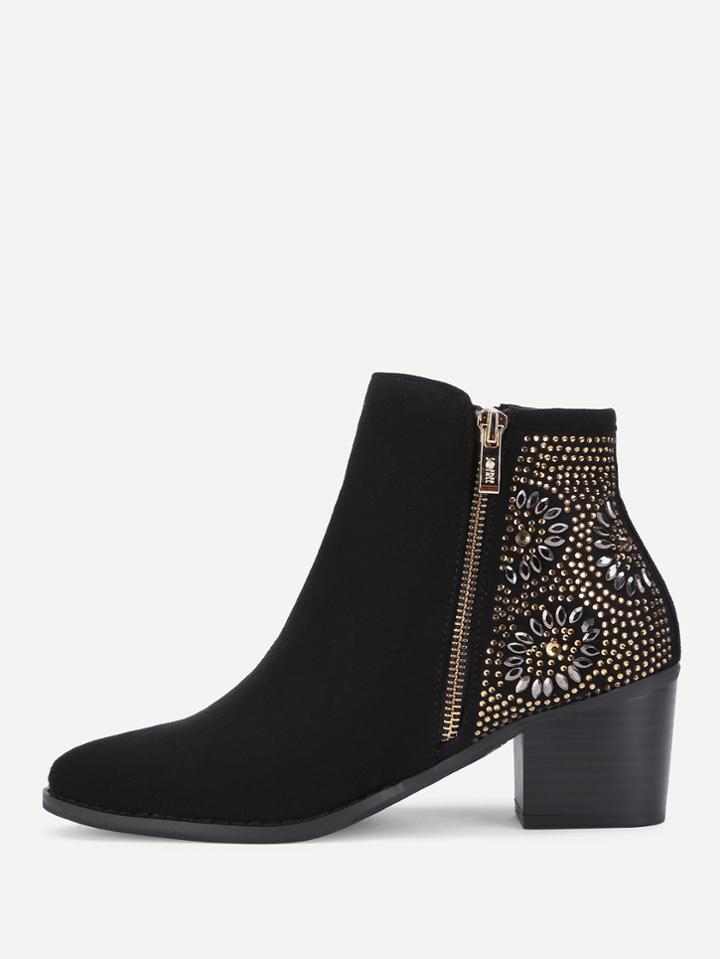 Romwe Rhinestone Flower Side Ankle Boots