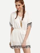 Romwe White Belted Scalloped Crochet Trimmed Chiffon Dress