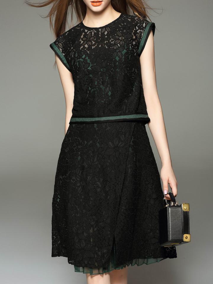Romwe Black Crew Neck Split Lace Two-pieces Dress
