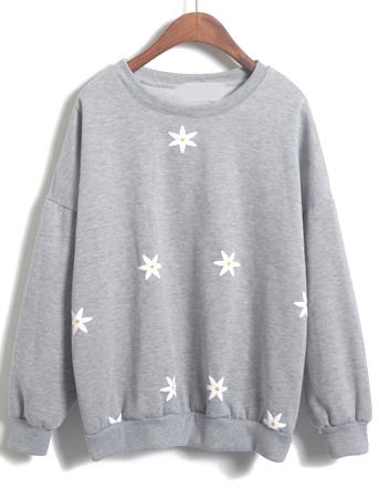 Romwe Round Neck Floral Loose Grey Sweatshirt