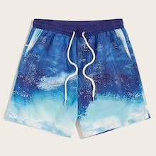 Romwe Guys Drawstring Waist Sea Wave Print Shorts