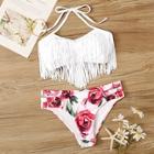 Romwe Fringe Halter Top With Random Floral Bikini Set