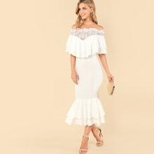 Romwe Guipure Lace Bardot Tiered Prom Fishtail Dress