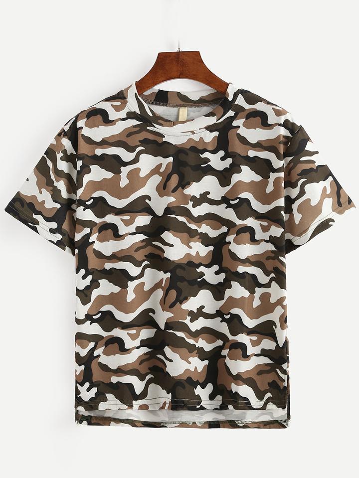 Romwe High-low Camo T-shirt - White