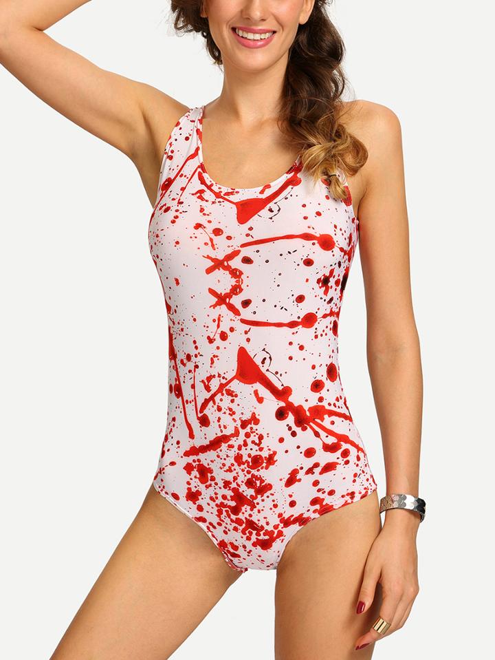 Romwe Blood Splatter One-piece Swimwear - Red
