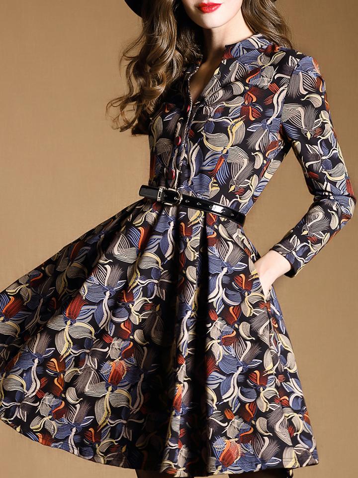 Romwe Multicolor V Neck Long Sleeve Drawstring Pockets Dress