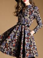 Romwe Multicolor V Neck Long Sleeve Drawstring Pockets Dress
