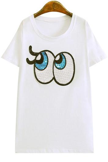 Romwe With Sequined Eye Pattern White T-shirt