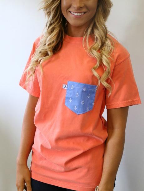 Romwe Orange Contrast Pocket T-shirt
