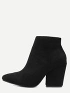 Romwe Black Faux Suede Point Toe Chunky Heel Ankle Boots