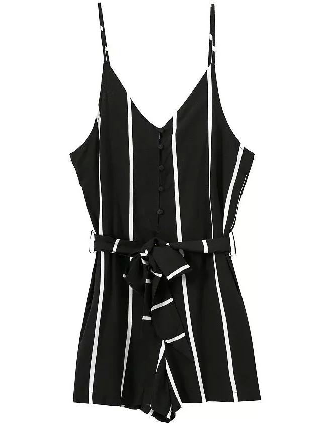 Romwe Spaghetti Strap Vertical Striped With Bow Black Jumpsuit