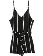 Romwe Spaghetti Strap Vertical Striped With Bow Black Jumpsuit