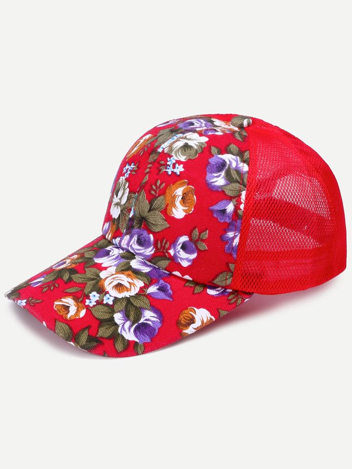 Romwe Floral Print Front Red Mesh Snapback Baseball Cap