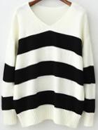 Romwe V Neck Striped Black White Sweater