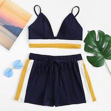 Romwe Cut And Sew Cami Top With Drawstring Waist Shorts