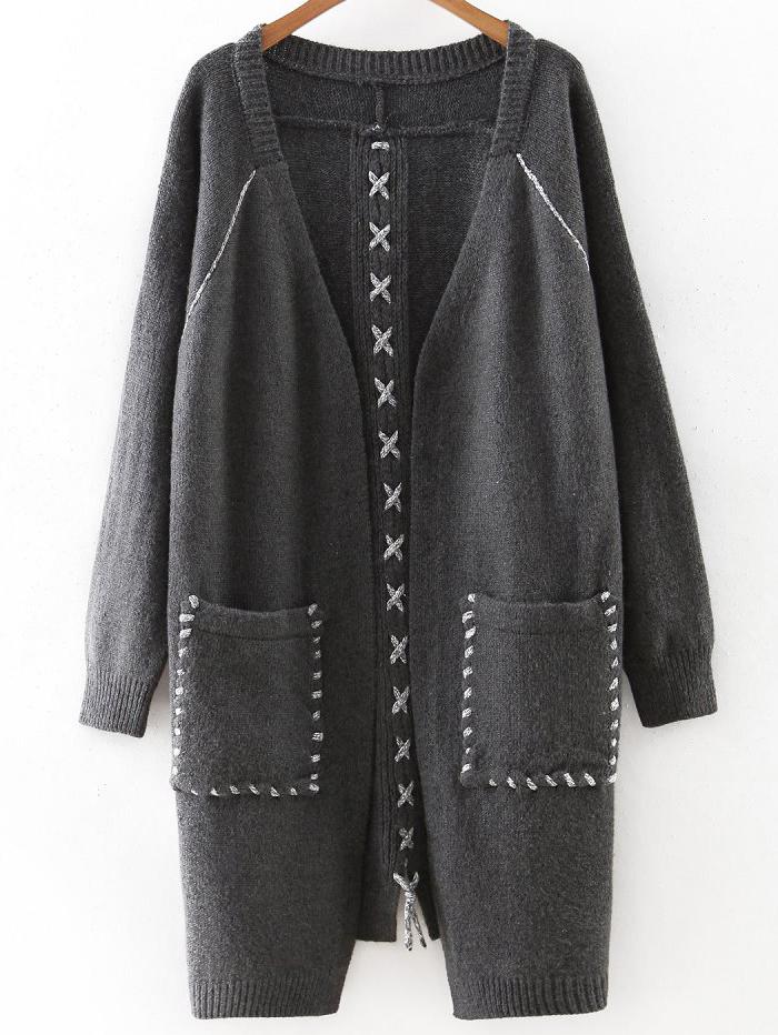 Romwe Dark Grey Lace Up Detail Pocket Long Sweater Coat
