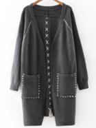 Romwe Dark Grey Lace Up Detail Pocket Long Sweater Coat