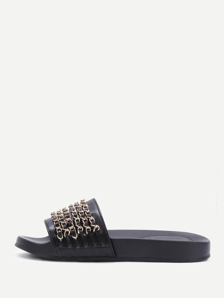 Romwe Black Pu Slippers With Gold Chain Detail