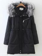 Romwe Black Drawstring Waist Hooded Padded Coat With Faux Fur