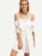 Romwe White Cold Shoulder Flower Lace Overly Dress