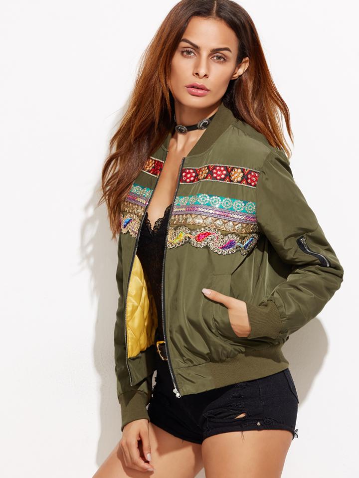Romwe Army Green Embroidered Sequins Embedded Jacket