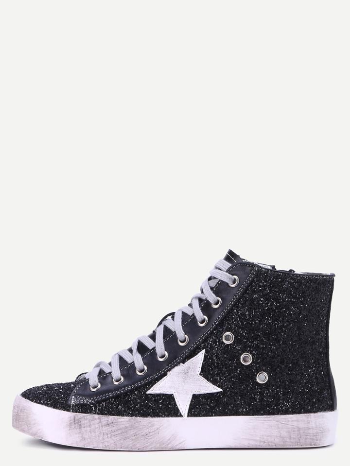 Romwe Black Sequin Round Toe High Top Sneakers