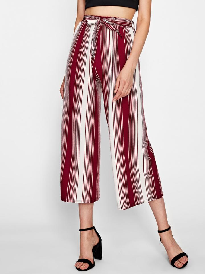 Romwe Waist Belted Wide Striped Pants