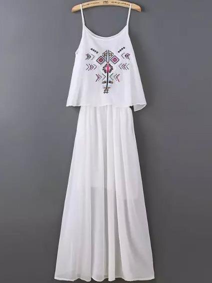 Romwe Geometric Embroidered Chiffon White Cami Dress