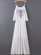 Romwe Geometric Embroidered Chiffon White Cami Dress