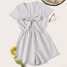 Romwe Striped Tie Front Romper