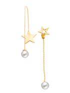 Romwe Gold Plated Star Faux Pearl Asymmetrical Earrings