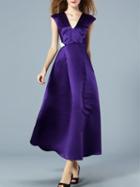 Romwe Purple V Neck Sleeveless Bow Beading Dress