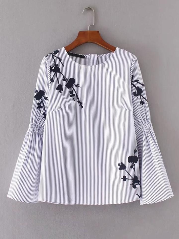 Romwe Embroidery Flower Shirred Detail Striped Blouse