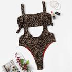 Romwe Leopard Eyelet Buckle Suspender Bikini Set