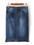 Romwe Dark Blue Pocket Buttons Split Side Skirt