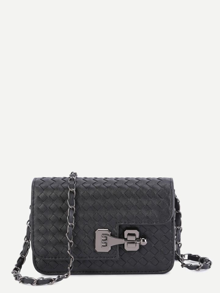 Romwe Mini Black Woven Pu Flap Bag With Chain Strap