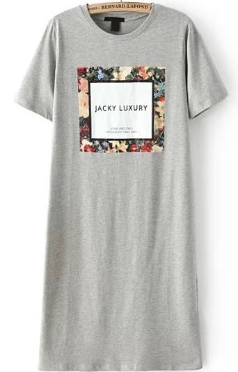 Romwe Letter Floral Print Long Grey T-shirt