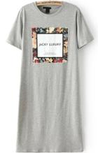 Romwe Letter Floral Print Long Grey T-shirt