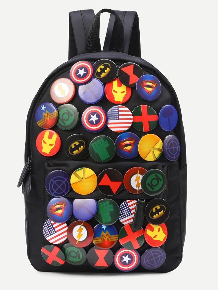 Romwe Black Pin Badge Embellished Nylon Backpack