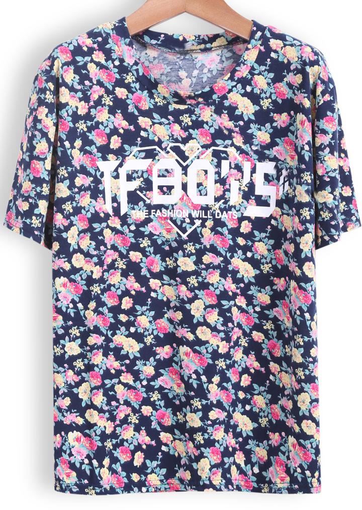 Romwe Floral Letters Print Loose T-shirt