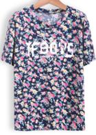 Romwe Floral Letters Print Loose T-shirt