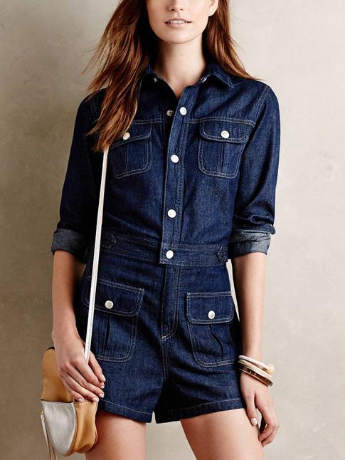 Romwe Women Denim Pocket Button Jumpsuit