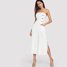 Romwe Button And Pocket Front Slit Wide Leg Jumpsuit