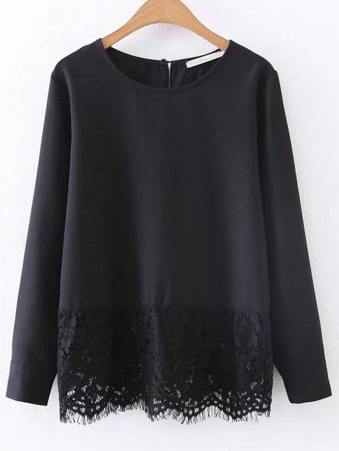 Romwe Black Contrast Lace Hem Chiffon Blouse