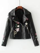 Romwe Flower Embroidery Oblique Zipper Biker Jacket